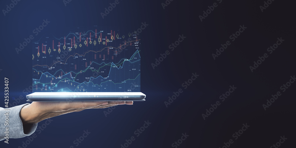 Poster online investing concept with virtual financial chart quotes and graphs above digital tablet on man 