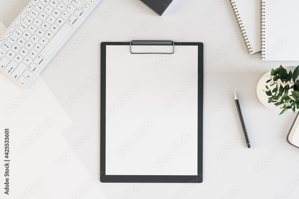 Poster blank paper list in black tablet on light office table with keyboard and green plant in vase. 3d ren