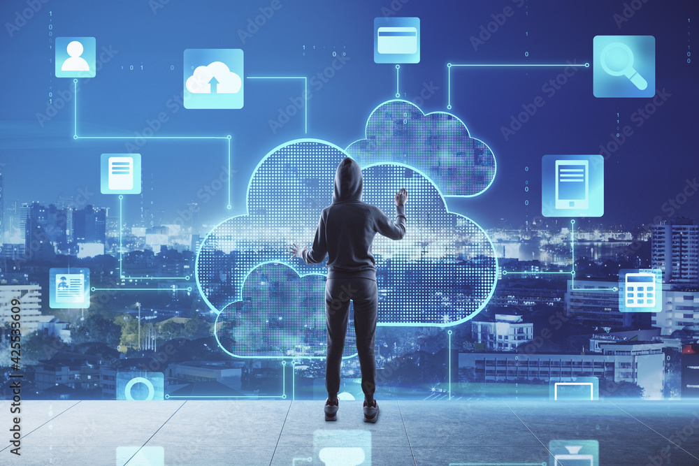 Poster cloud technology concept with person back touches digital screen with cloud application icons on nig