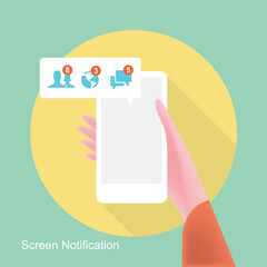 Human hand holding smart phone with social media screen notification icon showing on display isolated on green background, vector and illustration.