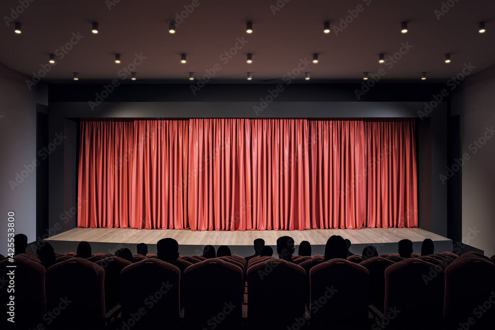 Aufkleber Performance concept with empty platform with blank red backstage and spectators on seats in the hall. 3D rendering, mockup