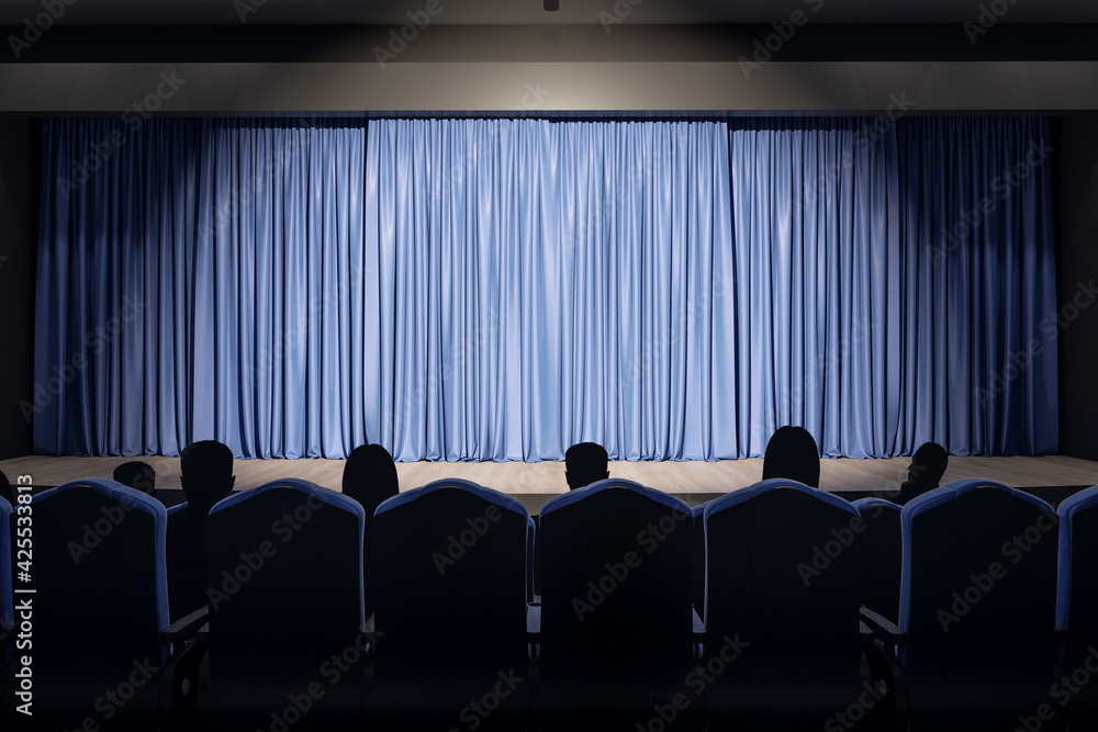 Poster Projector light on blue backstage with copyspace in performance hall and spectators on seats. 3D rendering, mock up