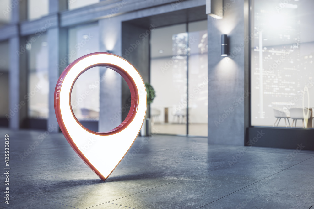 Poster navigation concept with red and white glowing pinpoint on evening street before modern building entr