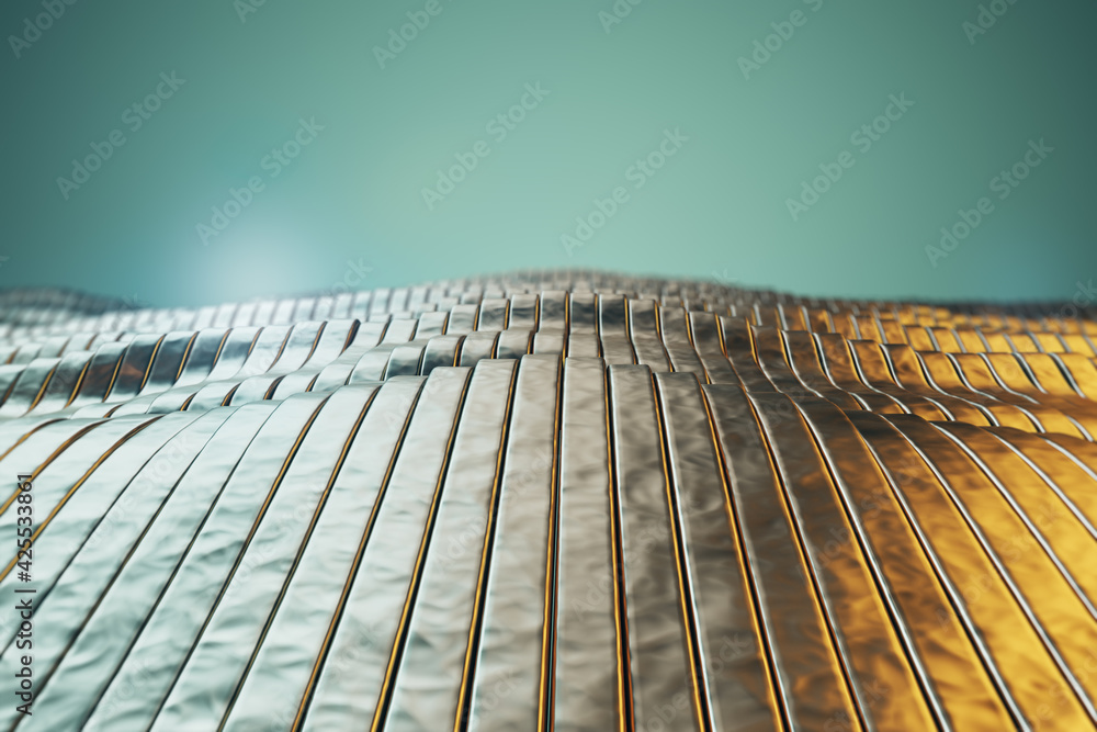 Aufkleber golden wavy patterns with a light in the background, wallpaper design concept. 3d rendering