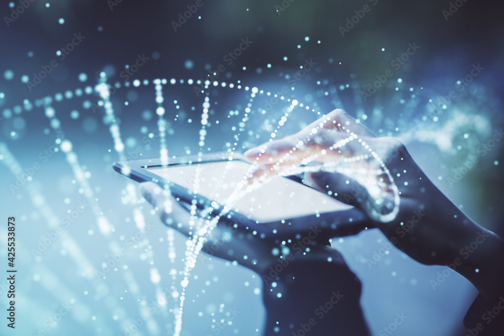 Poster double exposure of dna sketch hologram and woman holding and using a mobile device. education concep