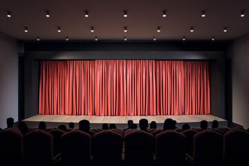 Performance concept with empty platform with blank red backstage and spectators on seats in the hall. 3D rendering, mockup