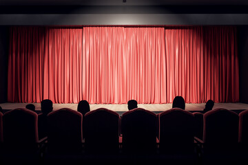 Projector light on red backstage with copyspace in performance hall and spectators on seats. 3D rendering, mock up