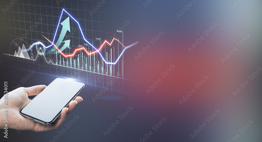 Poster stock market concept with digital financial chart graphs and diagram and modern telephone in human h
