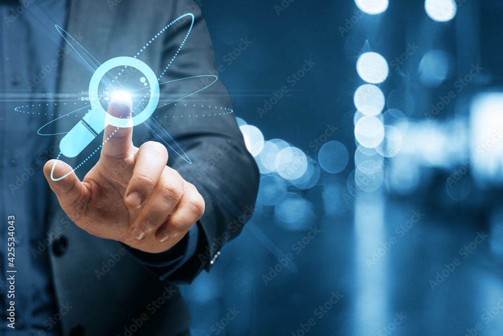 Poster global search concept with finger clicking on loupe symbol on digital touch screen