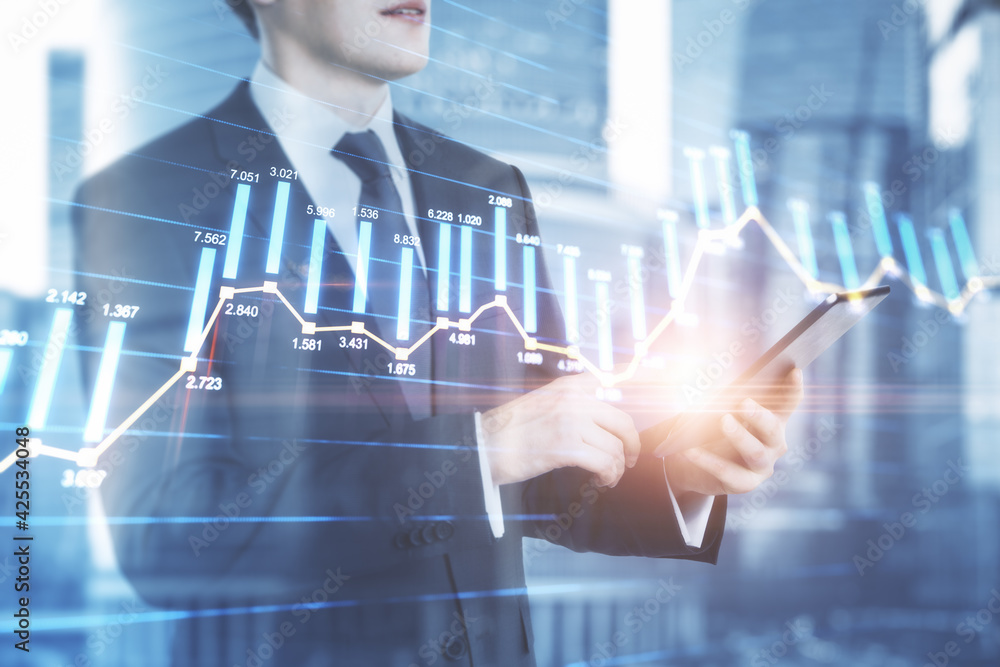 Poster entrepreneur counting the trading bar charts on the background with city view, market and analysis c