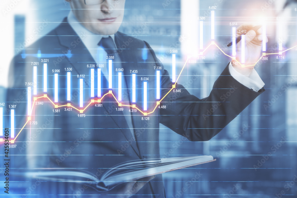 Poster entrepreneur counting the trading bar charts and looking at a book on the background with city view,