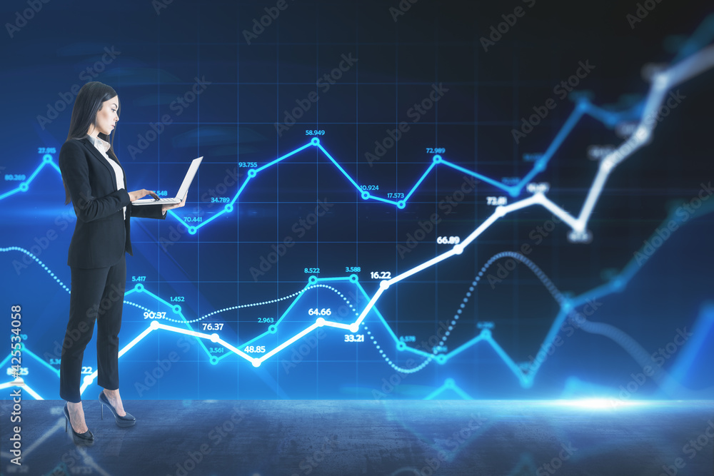 Poster stats data concept with businesswoman working on laptop on digital screen with diagrams background