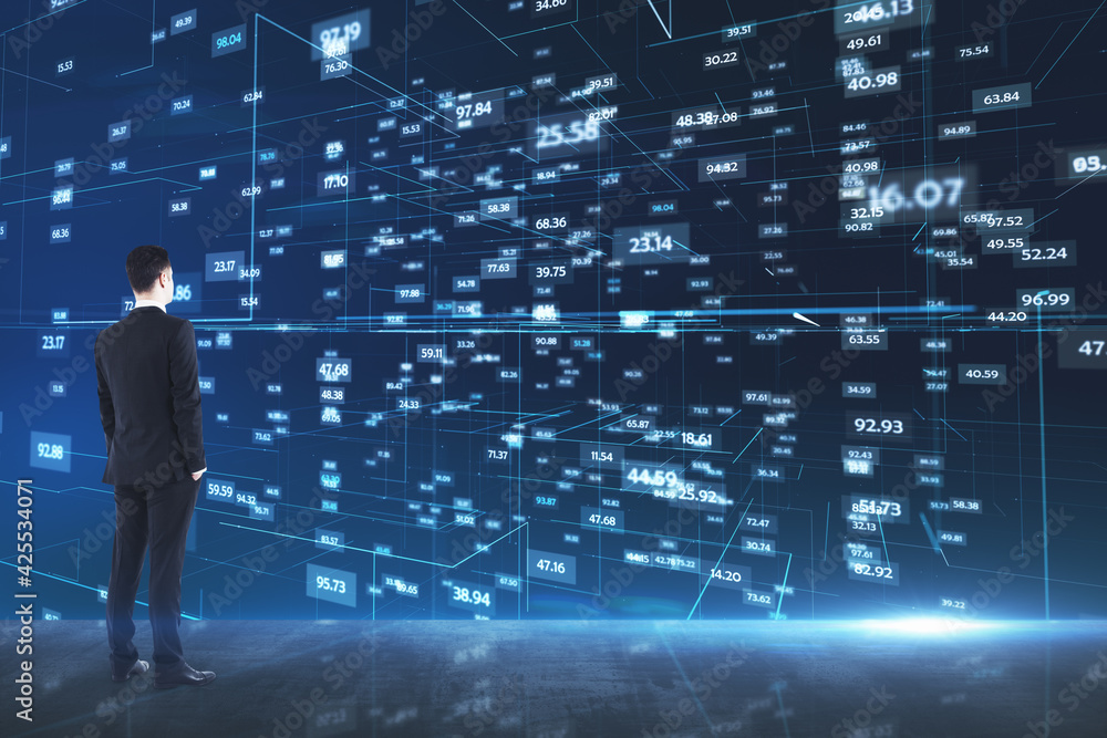 Aufkleber analytics concept with businessman looking at media wall with stats data indicator