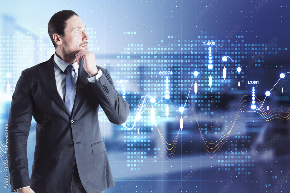 Aufkleber Digital business analyzing concept with businessman on virtual screen background with statistics data