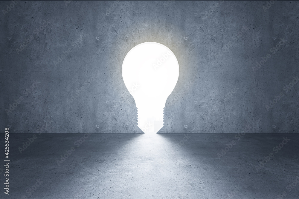 Poster creative idea concept with big hole in the form of a light bulb in dark wall. 3d rendering, mock up