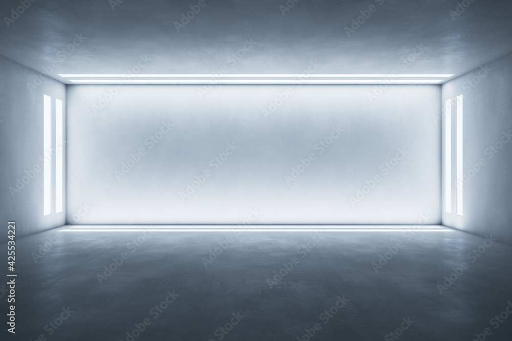 Poster blank light wall framed by led lights in industrial style empty hall with concrete floor. 3d renderi