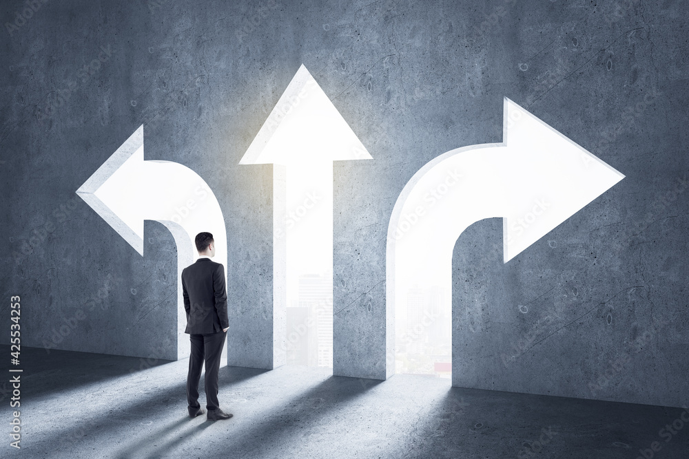Poster Right decision concept with businessman in front of arrow holes directed in different directions in wall