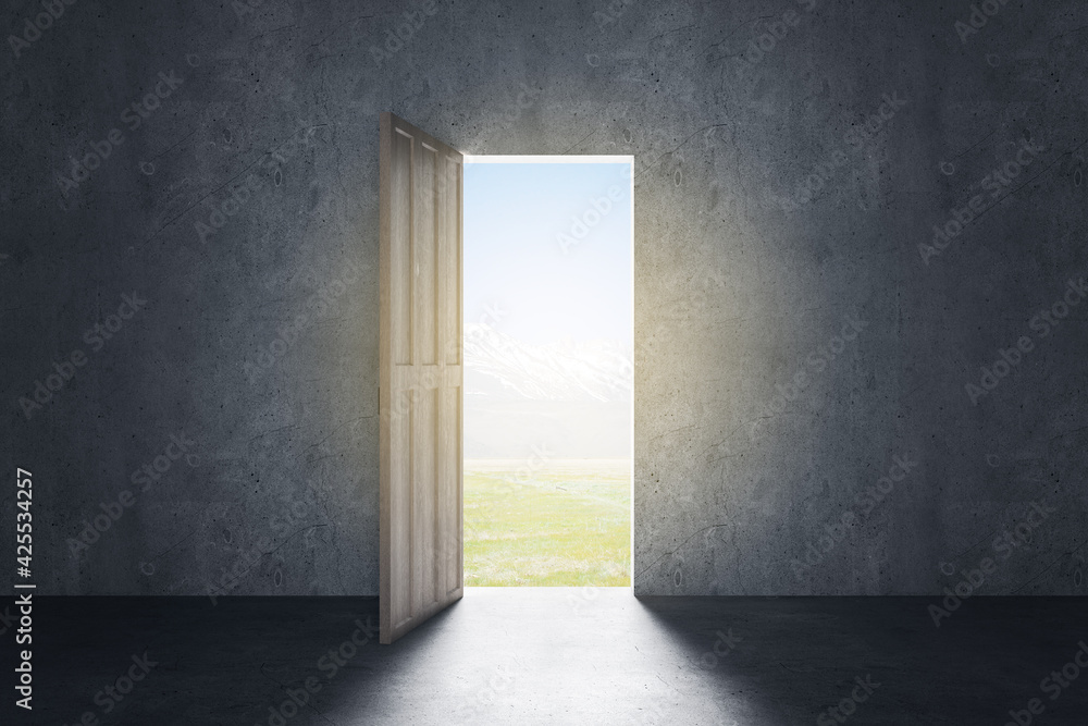 Poster next level concept with dark empty room, opened door in wall and sunny mountain view behind the door