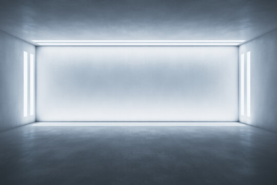 Blank light wall framed by led lights in industrial style empty hall with concrete floor. 3D rendering, mock up