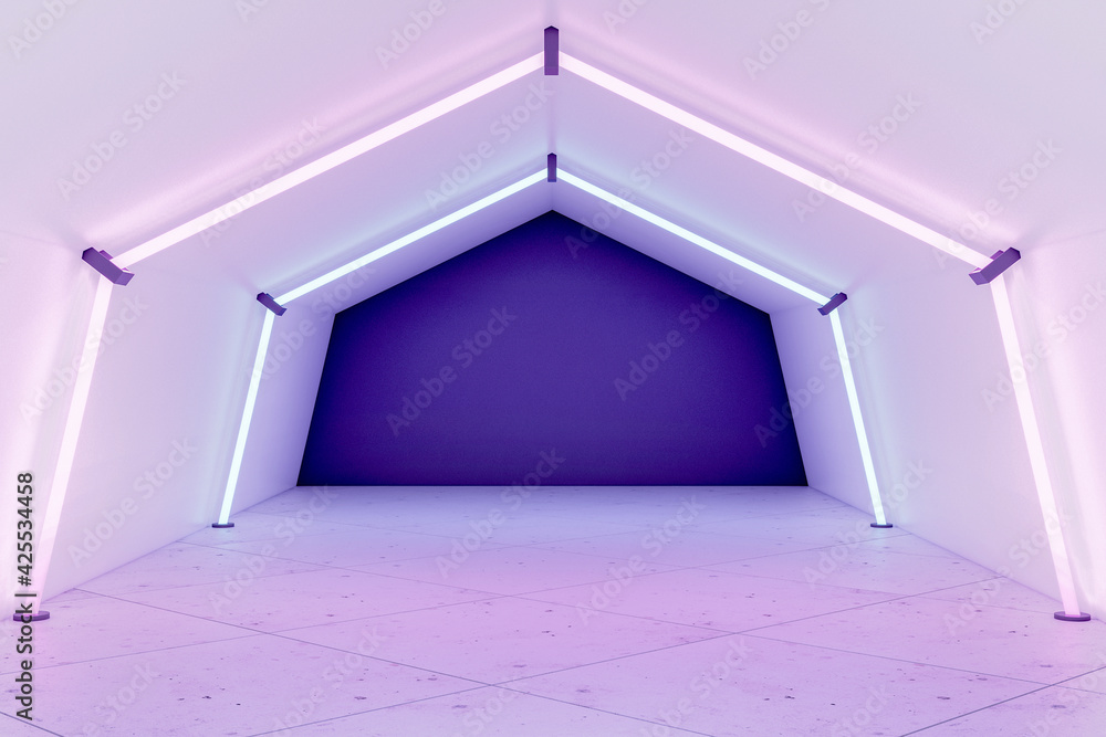 Poster Bright purple wall with copyspace in empty futuristic design hall with luminescent lapms on ceiling and walls. 3D rendering, mockup