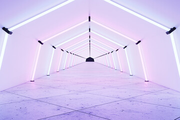 Empty futuristic design hall with luminescent lamps and light violet floor. 3D rendering, mockup