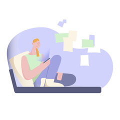 A young girl on a blue bed leans on a pillow and looks at the phone. Purple colors. Vector flat illustration
