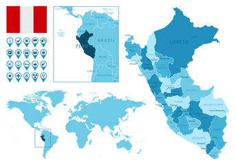 Peru detailed administrative blue map with country flag and location on the world map. Vector illustration
