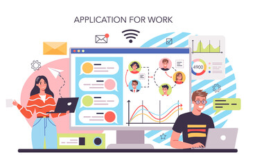 Interaction of departments online service or platform. Business teamwork