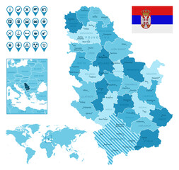 Serbia detailed administrative blue map with country flag and location on the world map. Vector illustration