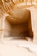 Rock-cut hall in the Siq of Jabal Ithlib in Al Ula, KSA
