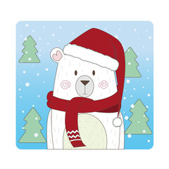 christmas illustration with a polar bear in a red scarf