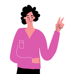 A cute hand-drawn girl shows a peace gesture. Hand gestures, expression of emotions. Vector hand drawn illustration on white background.