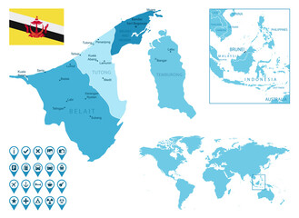 Brunei detailed administrative blue map with country flag and location on the world map. Vector illustration