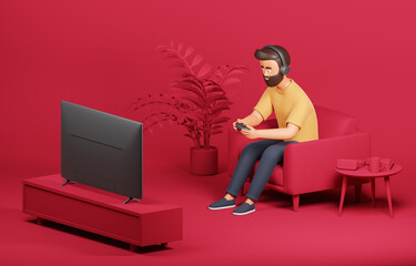 Isometric view at cartoon beard character seat on armchair and play video game with tv headphones and gamepad over red background at home. © Foxstudio