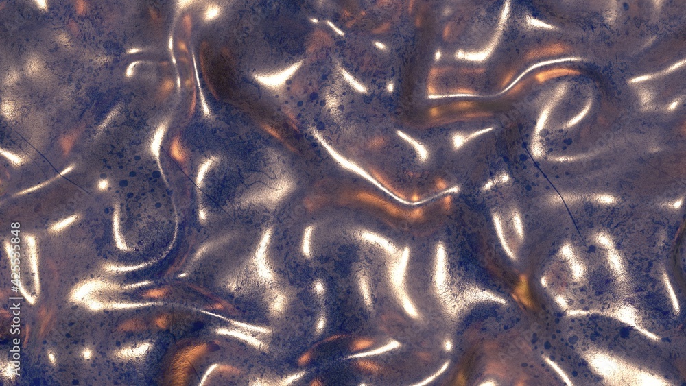 Poster wavy, glossy texture in the form of a liquid or silk fabric. bronze color. 3d rendering image. deskt