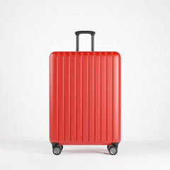 Minimal red plastic suitcase over white wall. Travel holiday vacation concept.