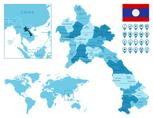 Laos detailed administrative blue map with country flag and location on the world map. Vector illustration