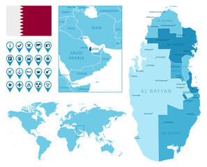 Qatar detailed administrative blue map with country flag and location on the world map. Vector illustration