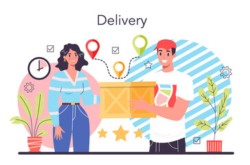 Delivery service. Courier in uniform with box from the truck. Goods order