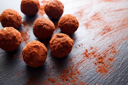 Chocolate vegetarian truffels candies with dates