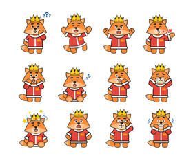Fox king characters set showing various emotions, facial expressions. Modern vector illustration