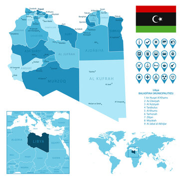 Libya detailed administrative blue map with country flag and location on the world map. Vector illustration