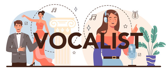 Vocalist typographic header. Performer singing with microphone