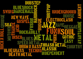 word cloud with lot of music genres