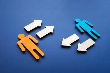 Communicate ideas abstract. Two people figures and arrows.