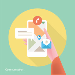 Human hand holding smartphone with Vector illustration of contact, communication, and location concept design concept. showing on display isolated on green background, vector and illustration