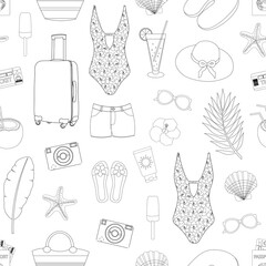 Seamless pattern summer sea travel elements black and white coloring graphics vector illustration