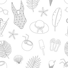 Seamless pattern summer sea travel elements black and white coloring graphics vector illustration