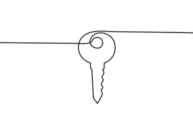 One line seller house door keys. Building quarter residential complex. Hand drawn sketch continuous line. Sell own family customer life business concept vector illustration