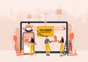 Flat under construction with people for web site design. Minimal design. Technology concept. Flat business template.